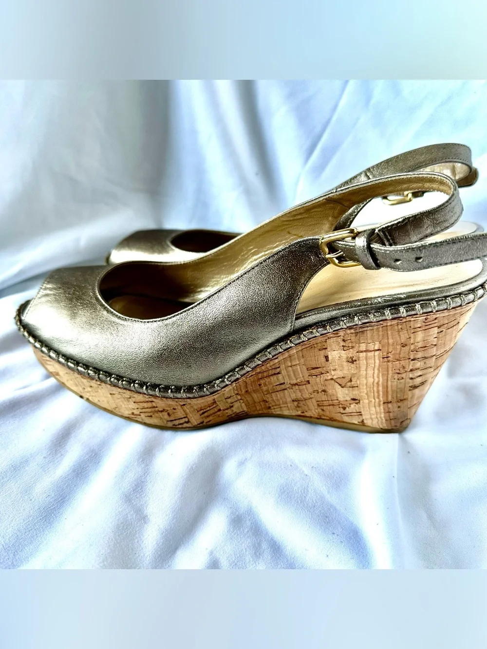 Stuart Weitzman Metallic Gold Peep-Toe Slingback Wedges - Picture 2 of 9